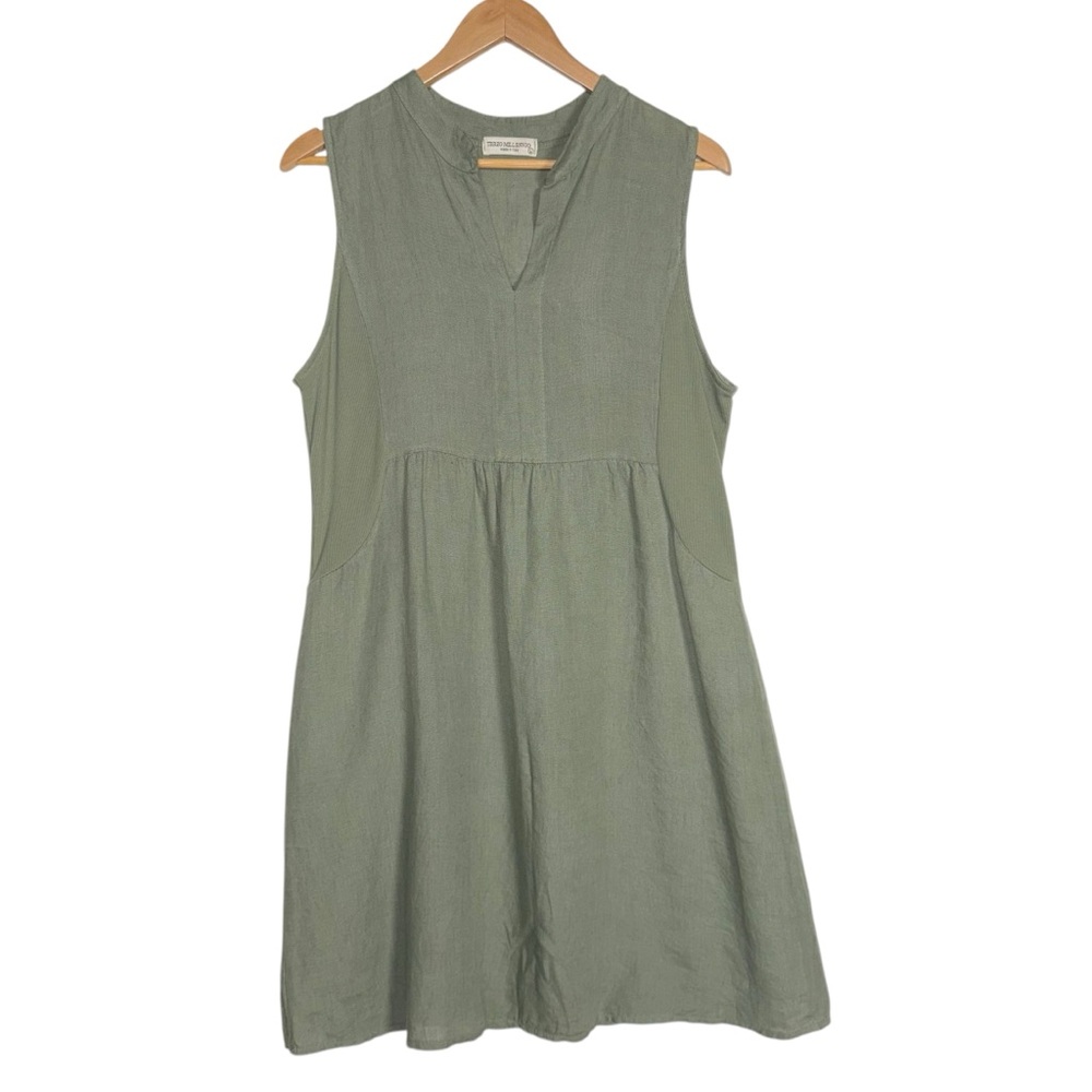 TERZO MILLENNIO made in Italy Linen V-neck ribbed side panels green LARGE